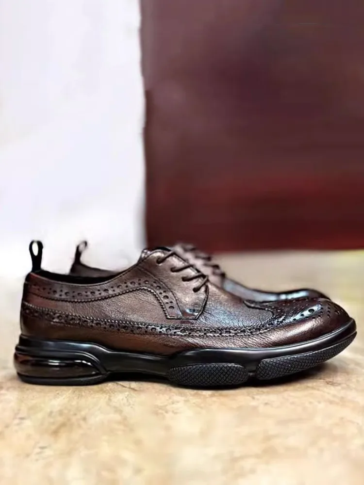 Design Autumn Carved Business Casual Genuine Leather Brogue Shoes Lace Up Thick Sole Retro British Style Office Men Dress Shoes