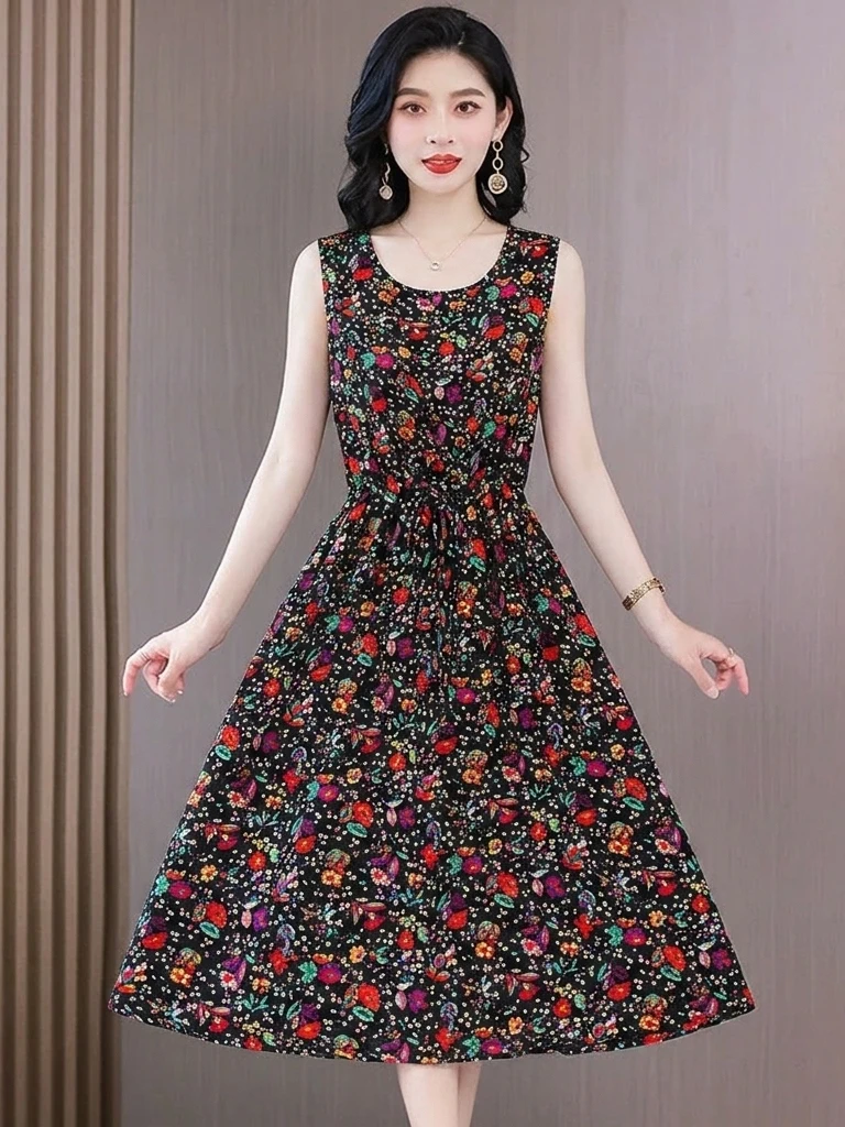 

Casual Comfortable Floral Print Sleeveless Dress Women's Summer Waist-Cinching Midi Dress Mommy Style Age-Defying Slim Vest D...