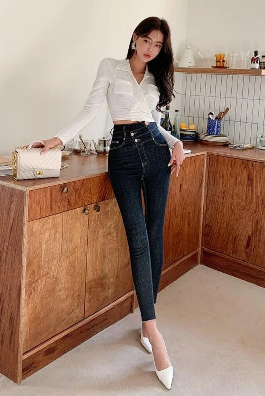 Black Streetwear Jeans Women Asymmetry Elegant Elastic Denim Ladies Pencil Pants Spring Korean Chic Y2k Bottoms Summer