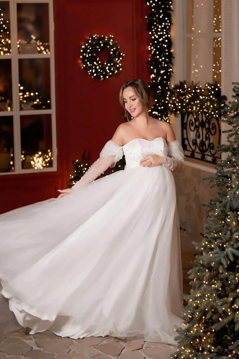 

Pearl Tulle Dress for Maternity Photoshoot Long Puffy Sleeve Off Shoulder Babyshower Bridal Pregnancy Gown