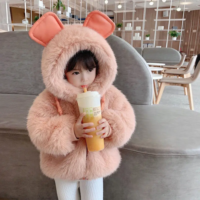 2024 Autumn Winter Baby Girls Faux Fur Jackets Toddler Cute Hooded Coats Kids Thickened Cotton-Padded Outerwear Children Clothing