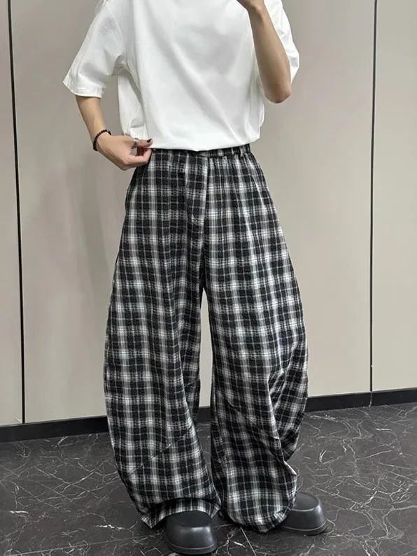 

Loose Wide Leg Plaid Pants Men's Sle Youthful American Knife Floor Length Trousers Summer Faion Casual Pants