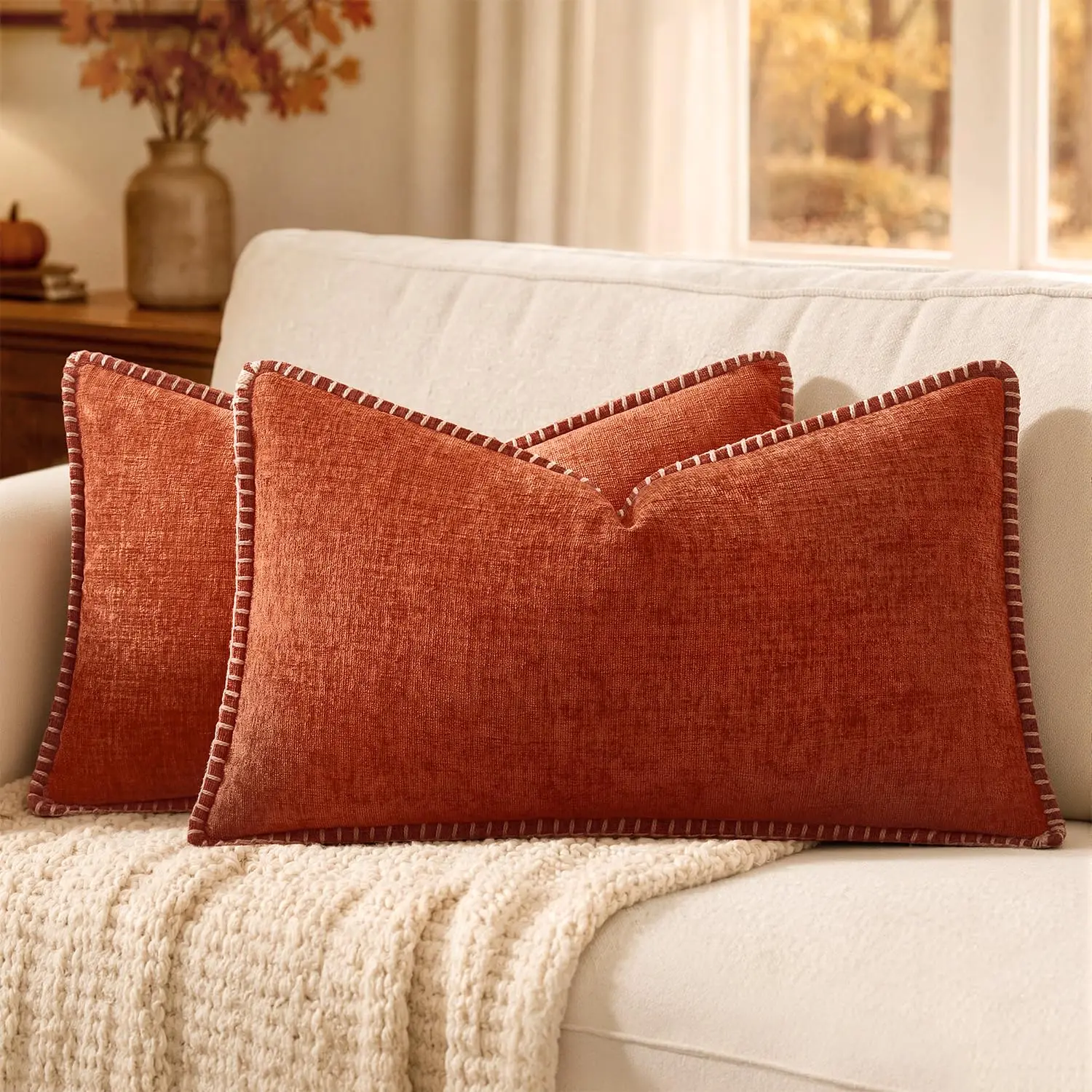 Soft Chenille Fall Lumbar Throw Pillow Covers Burnt Orange 12x20  Modern Fall Decor, Classic Decorative Pillows Couch Cushion