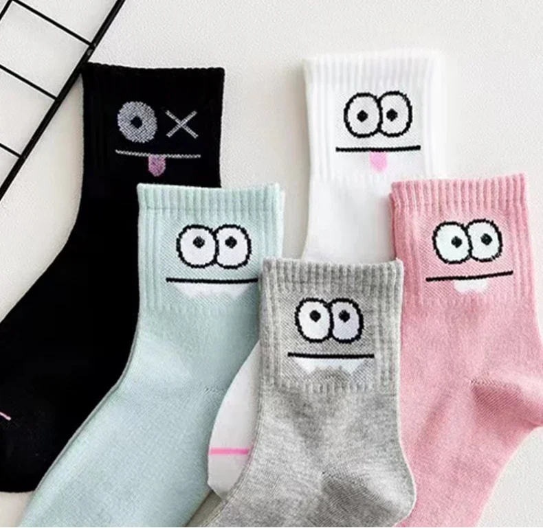 5 Pairs Cute Expression Print Socks – Comfy Funny Mid-Calf Crew Socks, All-Match Women’s Cotton Rich Casual Socks