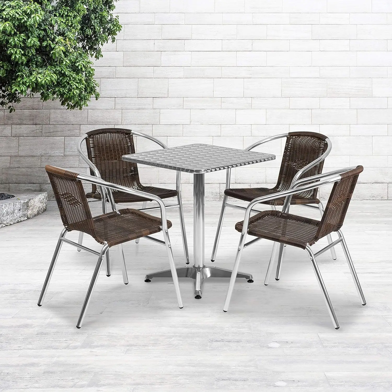 23.5'' Square Aluminum Indoor-Outdoor Table Set With 4 Dark Brown Rattan Chairs