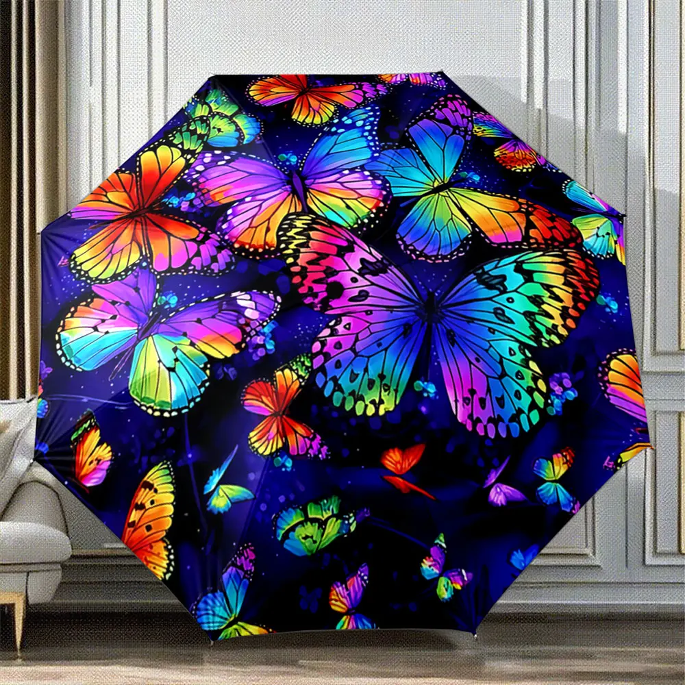 Colorful Neon Butterfly Pattern on Dark Background Umbrella Design Portable Folding Umbrella, Gift for Family And Friends