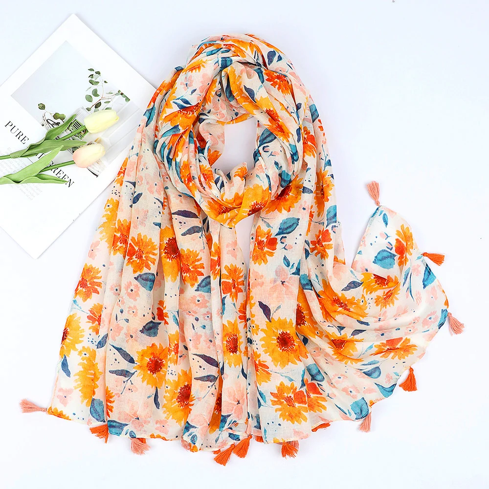 Luxury Brand Cotton Scarf Women Large Shawls Design Hijab Echarpe Print Tassel Scarves Lady Beach Stole Muffler Foulard Pareo