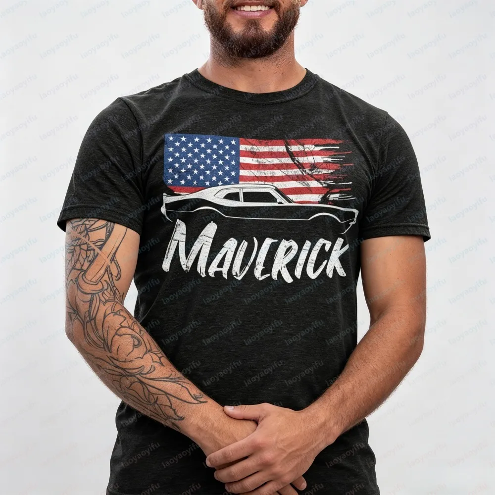 Summer Fashion Men's Short Sleeve T-Shirt Vintage American Flag Muscle Car Maverick Graphic Crew Neck Casual Breathable Top