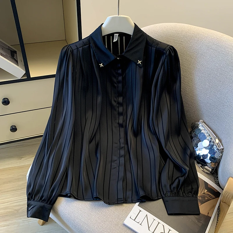 

Элегантная атласная блузка с длинным рукавом для женщин, фактурная черная блузка, новинка 2026 года, весенне-осенняя корейская модная шифоновая блузка