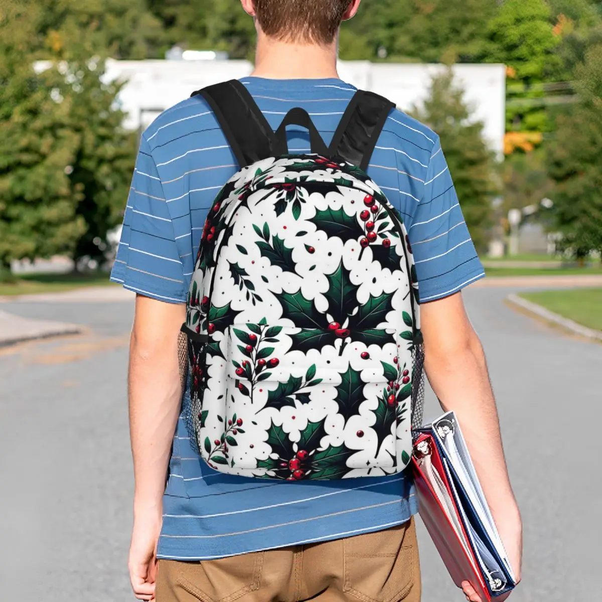 

Christmas Holly And Berries Pattern Backpack Student BookBag Children School Bag Laptop Shoulder Bags for Men Women