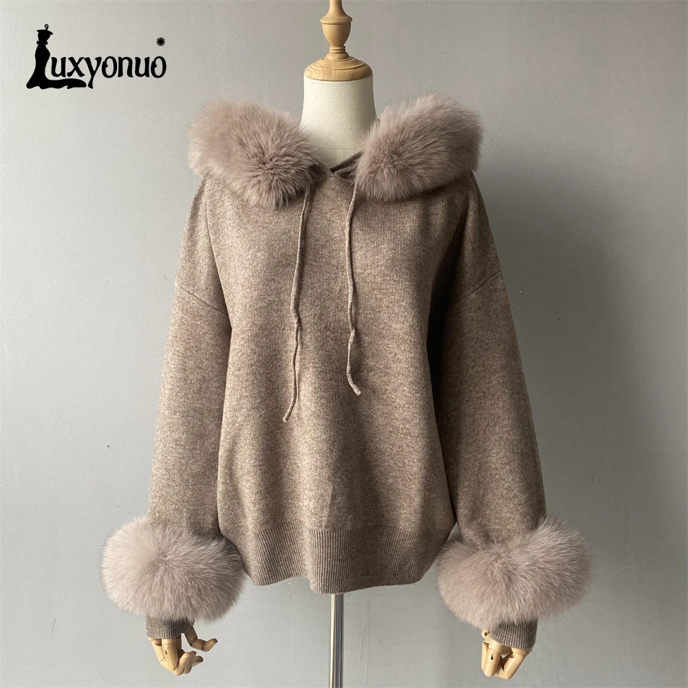 Luxyonuo Women\'s Sweater Set with Real Fox Fur Ladies Autumn Fashion Knit Hooded Tops and Pants Solid Color Pullover Female 2024