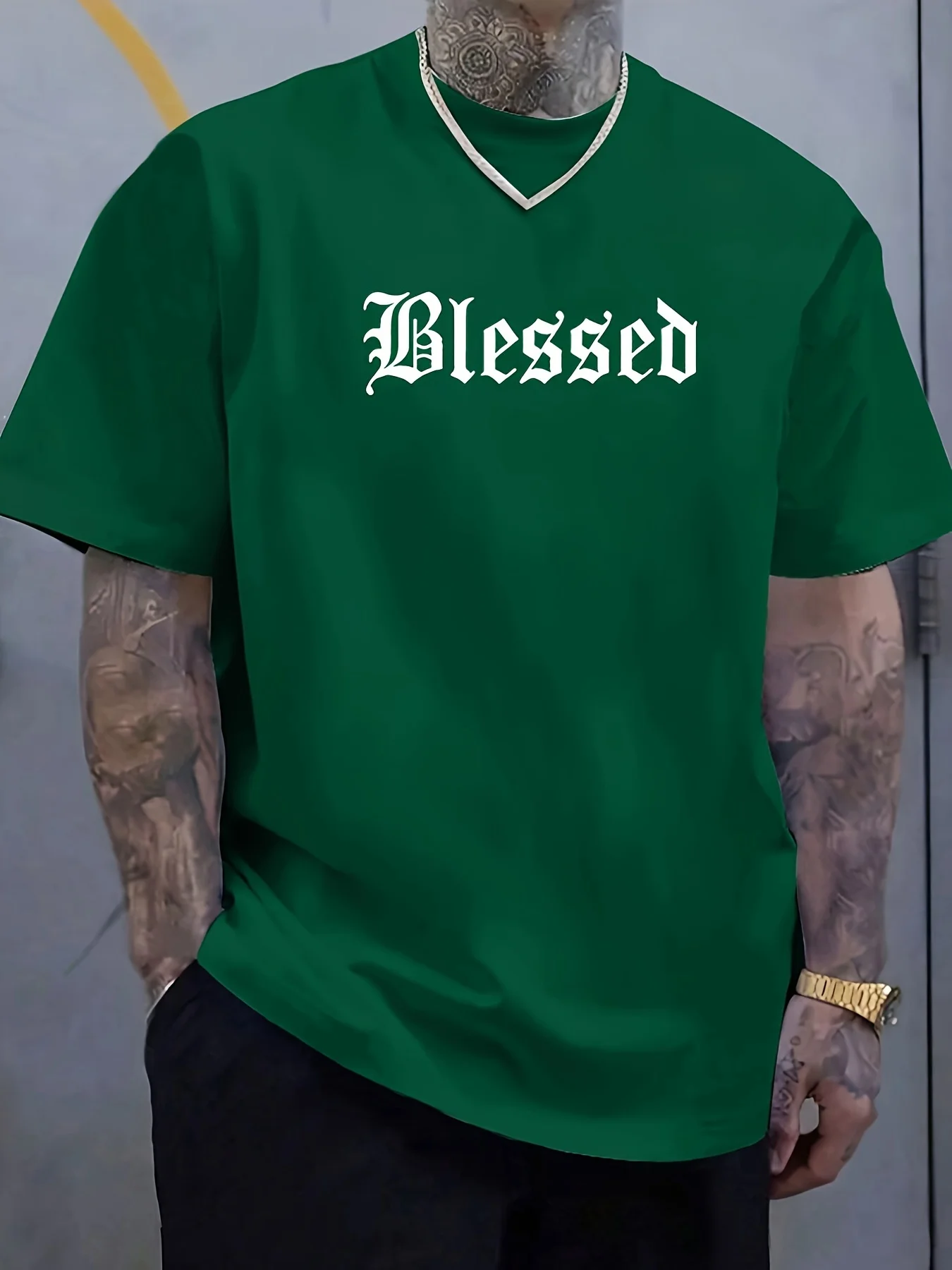 Men's Summer 100% Pure Cotton Fashionable Casual Loose Blessed Letter Pattern Printed Sports Round Neck Short Sleeved T-Shirt