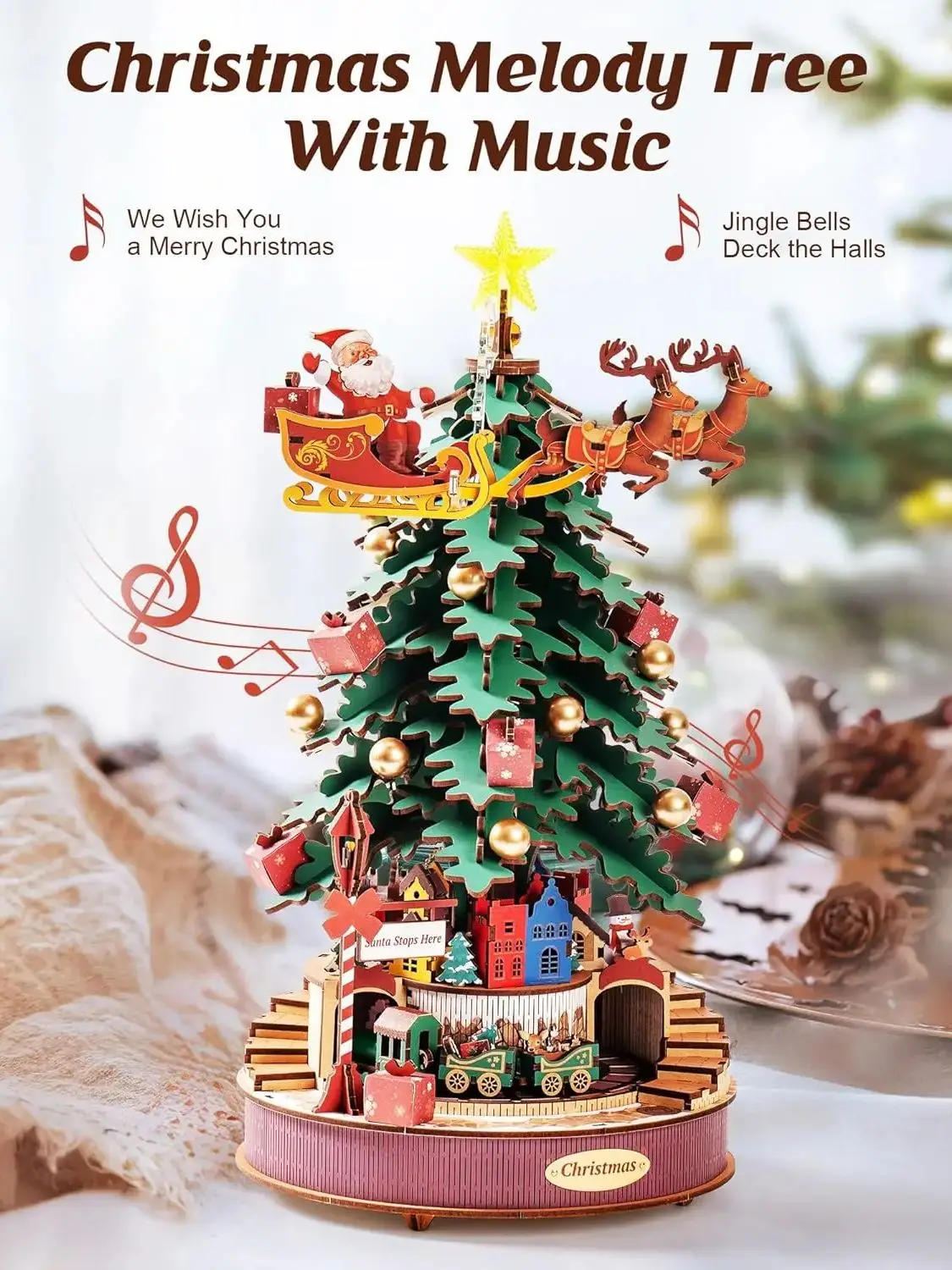 Rolife Wooden 3D Puzzle Toys - DIY Music Box Mechanical Model Building Kit Christmas Melody Tree Toy Craft Kit with LED Light for Home Decor Xmas Gift for Adults Friends