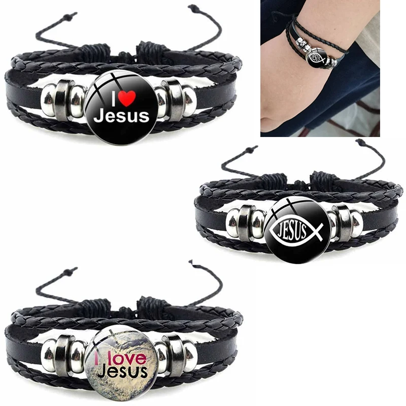 Jesus Fish Christian Symbol Bracelet Handmade Glass Gem Punk Black Woven Leather Bracelet Men'S And Women'S Cuff Jewelry