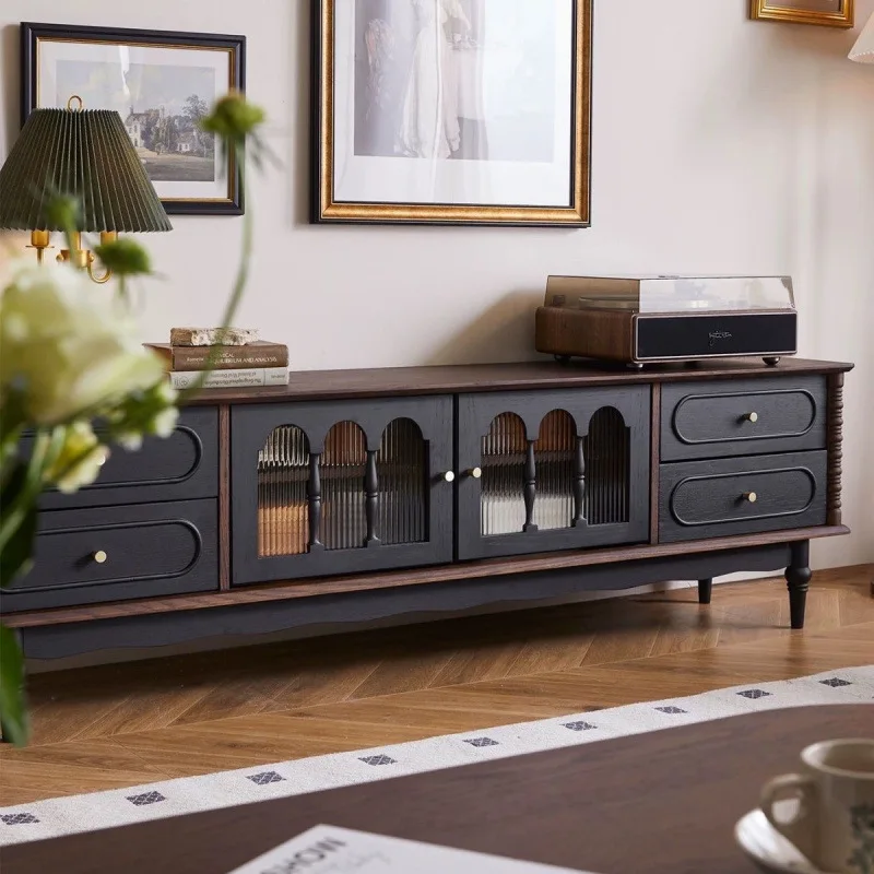 French retro solid wood coffee table TV cabinet black American living room floor locker storage Internet celebrities new cabinet