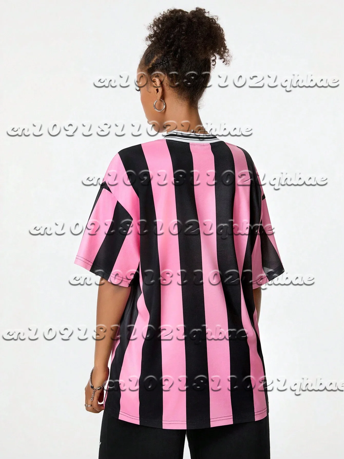 Fußball-T-Shirt mit V-Ausschnitt, gestreift und rosa Muster, modisches, kurzärmeliges, atmungsaktives, schnell trocknendes, lässiges T-Shirt-Oberteil für Damen