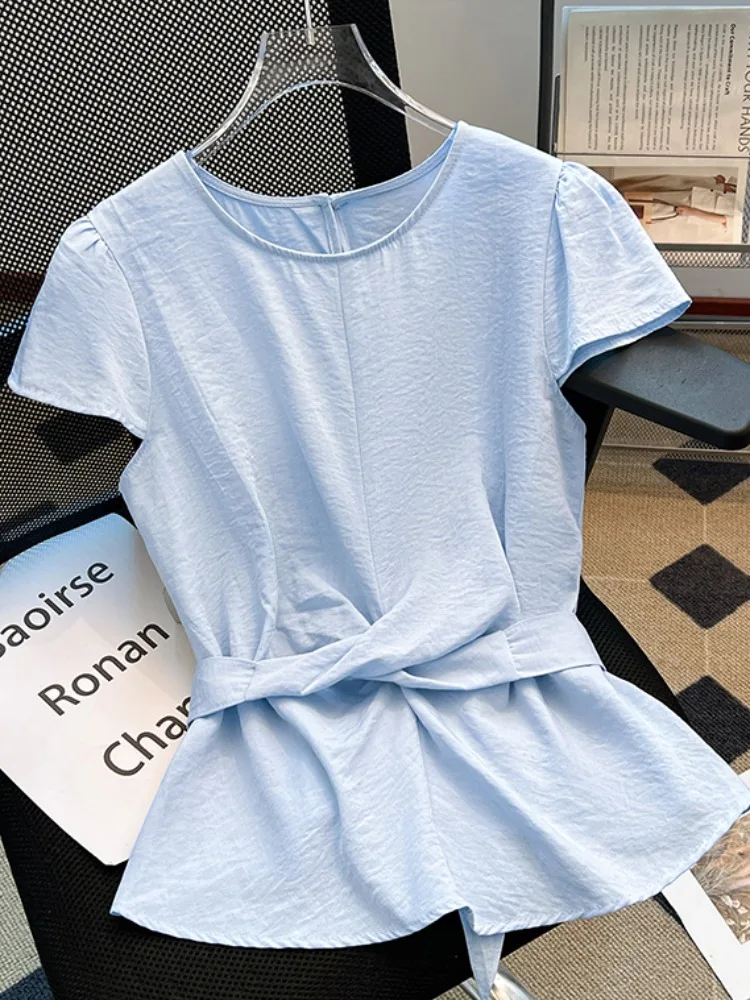 

Женский летний топ с поясом, утягивающий талию, оригинальный дизайн, приталенный, асимметричный, с драпировкой, синий