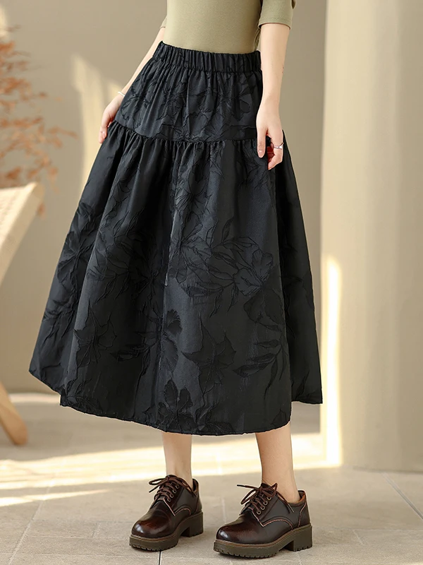 กระโปรงทรงเอพองเอวสูงลายดอกไม้สไตล์ศิลปะลำลองอเนกประสงค์สำหรับผู้หญิงไซส์ใหญ่ ฤดูใบไม้ผลิ 2026