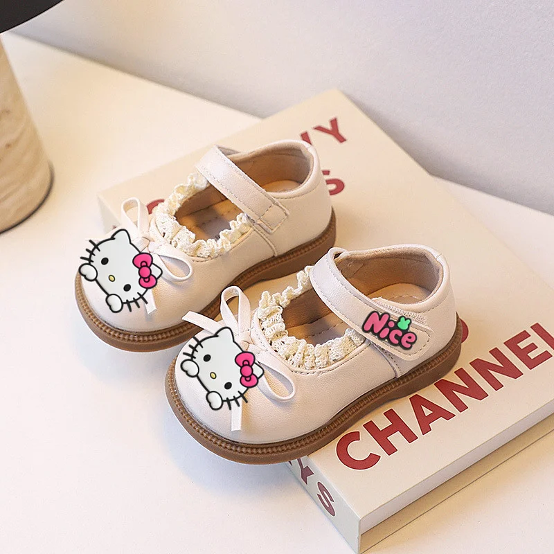 

Sanrio hello kitty, повседневная обувь для девочек, кожаные туфли с кружевом и бантом, детские 2026, новые модные сандалии принцессы Мэри Джейн на мягкой подошве