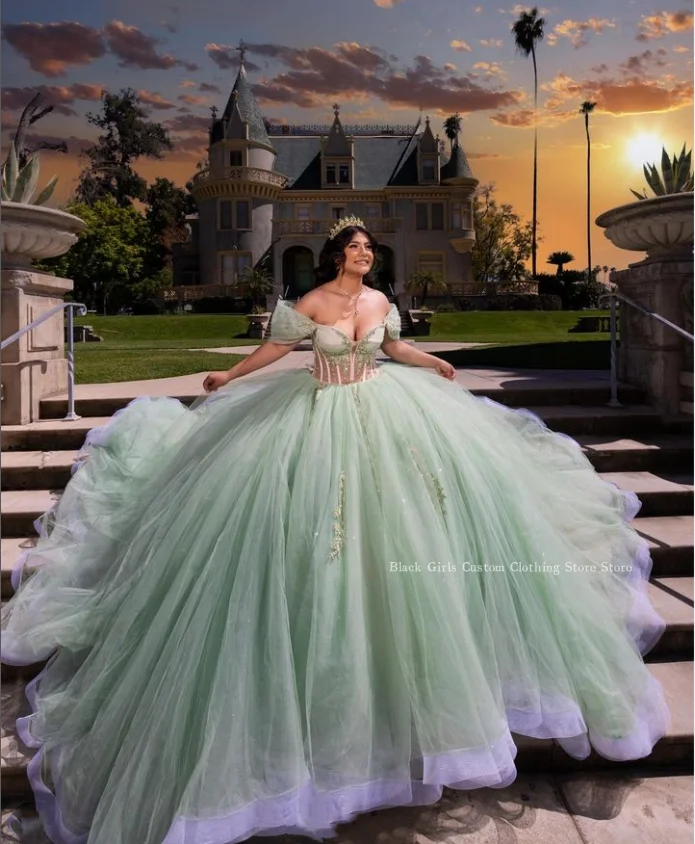 Vestidos princesa Quinceanera, um ombro, espartilho desossado transparente, tule, com lantejoulas frisadas, saia extragrande, luxo, 2024