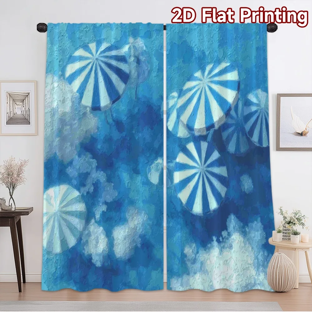 2D flat printing 2pcs Curtain Curtains Blue Sky Beach Umbrellas Digital Printed Polyester Drapes Birthday Party Perfect for Room
