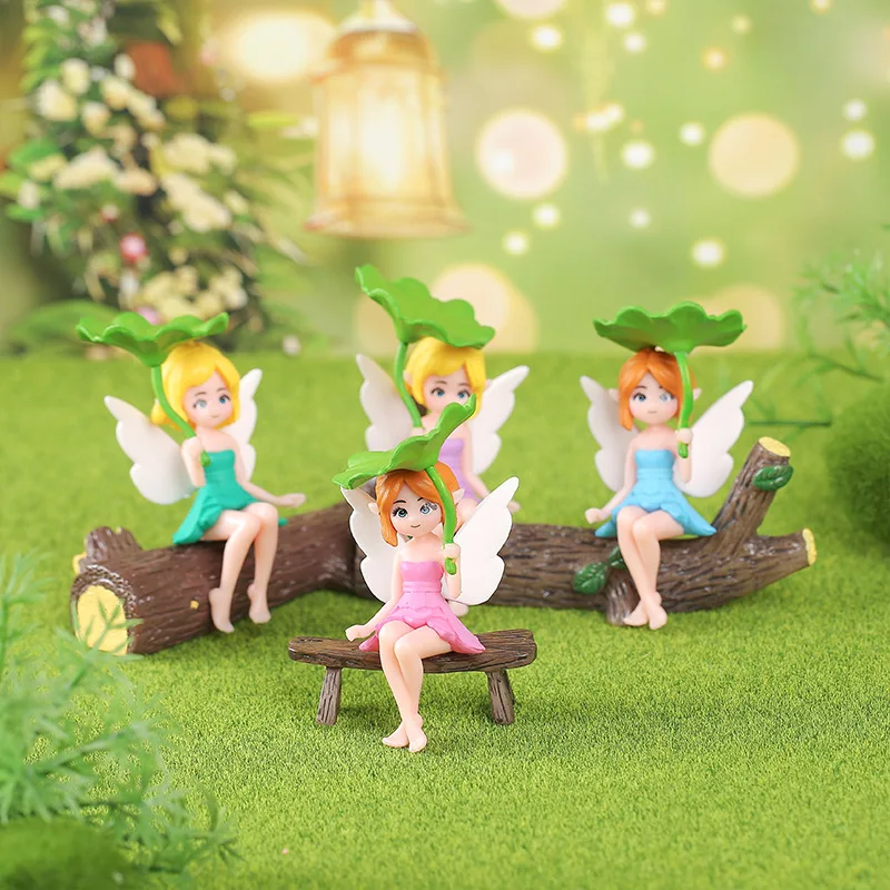 4PCS Creative Lotus Leaf Elf Girl Figurines Cute Cartoon Car Dashboard Ornaments Desktop Small Decor Home Table Decoration
