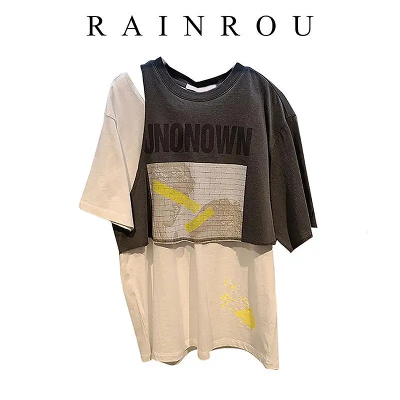 

Foufurieux Summer Fashion Fake Two Piece Spliced Short Sleeve T-shirt for Women Pritned Loose Casual Oversized Tshirt Women Tops