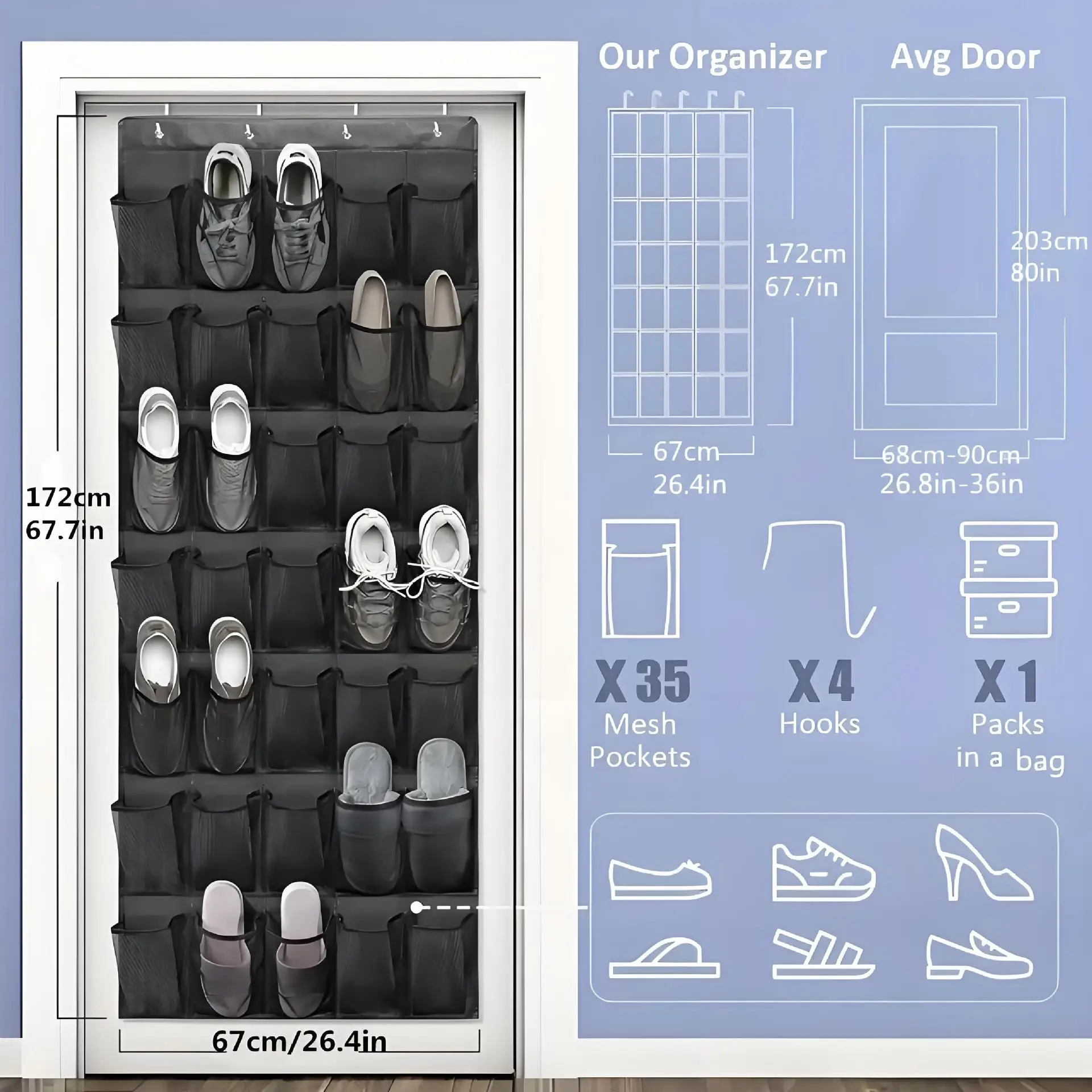 14/24/25/28/40 Taschen Schuh-Organizer zum Aufhängen an der Tür, Schuh-Aufbewahrungsregal, Netz-Schuhhalter für Kleiderschrank, Schlafzimmer, platzsparend – Detail 8