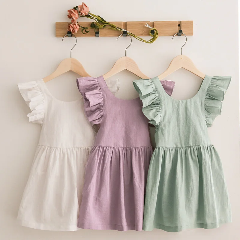 2024 Cotton and Hemp Girl Summer Retro Sleeveless Solid Color Cute Dress Loose Casual Skirt, TZ47