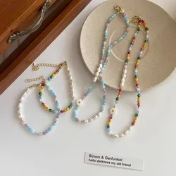 New Colorful Pearl Daisy Necklace Sweet Chrysanthemums Colorful Pearl Flower Necklace Bead Niche Design Choker