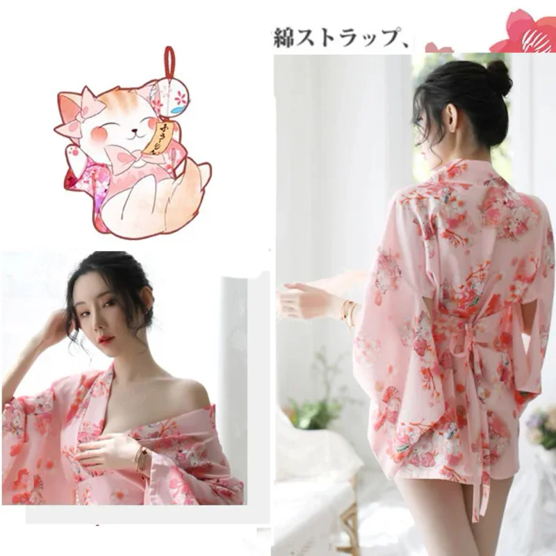 Sakura girl kimono dress Japanese style yukata bathrobe women floral print haori Japan uniform cosplay costume party short gown