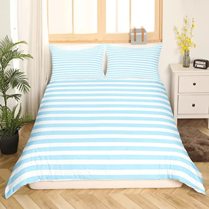 Sky Blue White Striped Bedding Set Ticking Stripes Duvet Cover Modern Abstract Horizontal Stripes Geometric Lines Quilt Cover