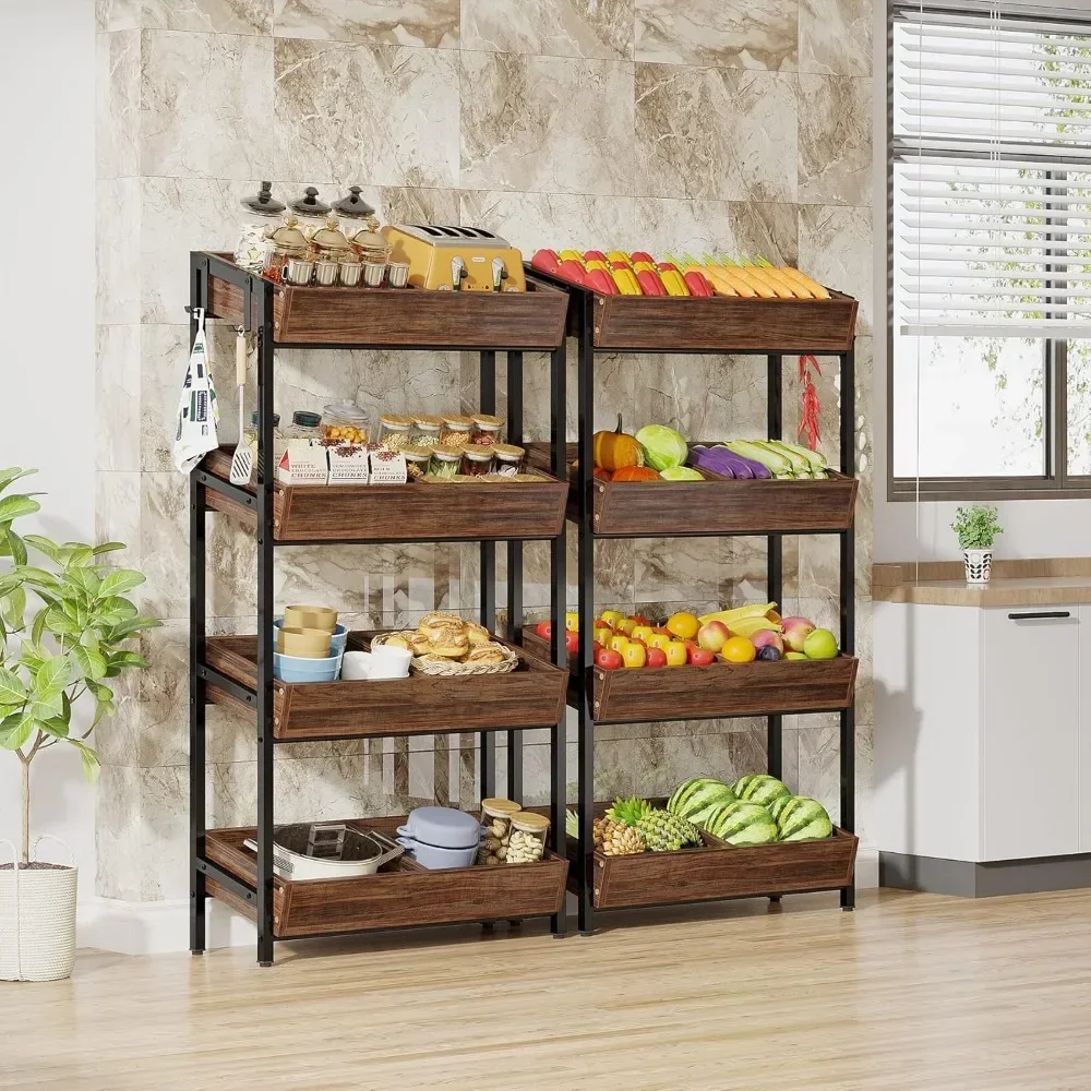 LITTLE TREE 4-Tier Wood Fruit Vegetable Storage Basket Stand Set of 2, Versatile Utility Shelf Rack for Kitchen, Office, Store,