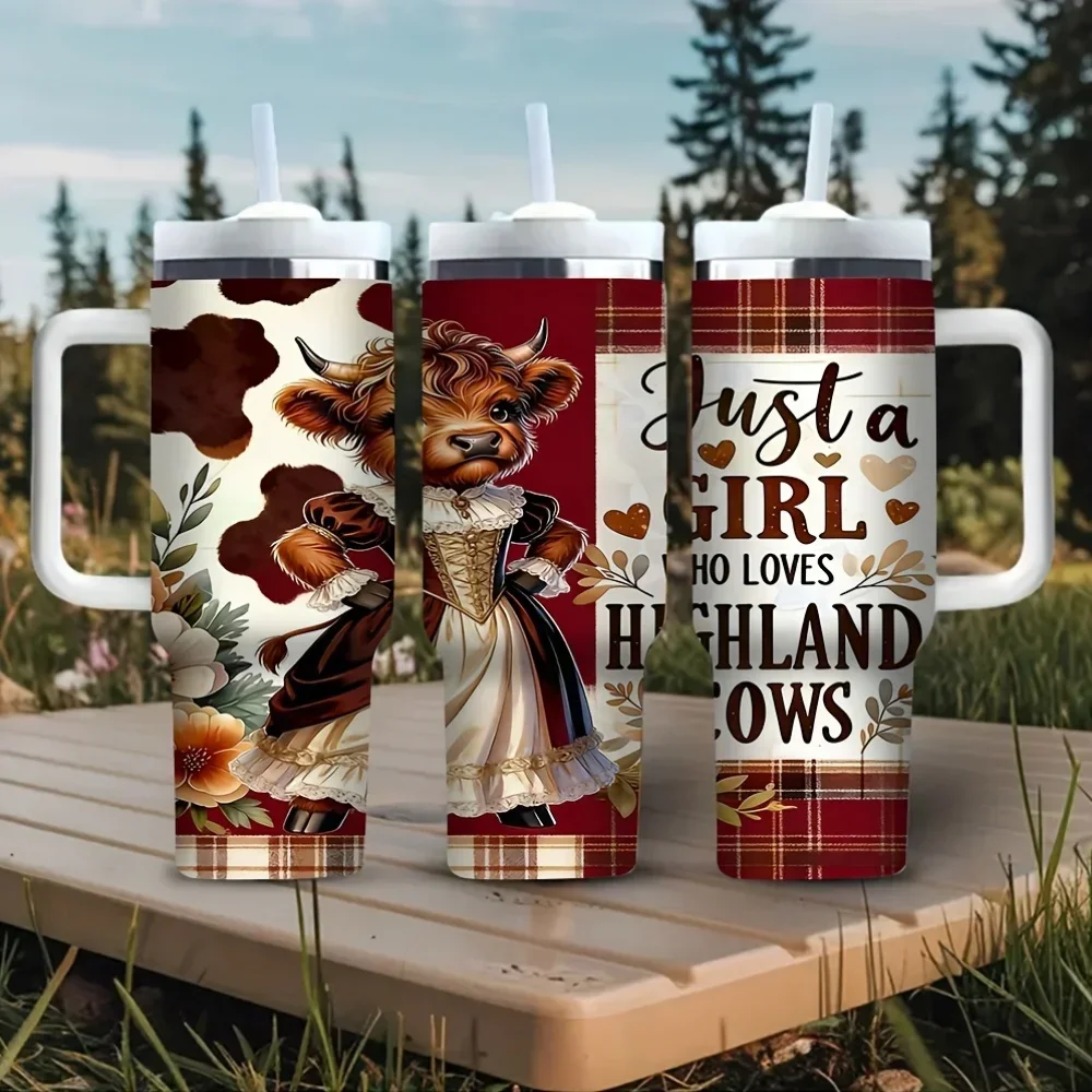 40Oz Just A Girl Who Loves for highland Cows Print Tumbler with Handle, Suitable for Highland Cows Loving Girls, Perfect for Hot And Cold Drinks for Daily Use And Outdoor Activities