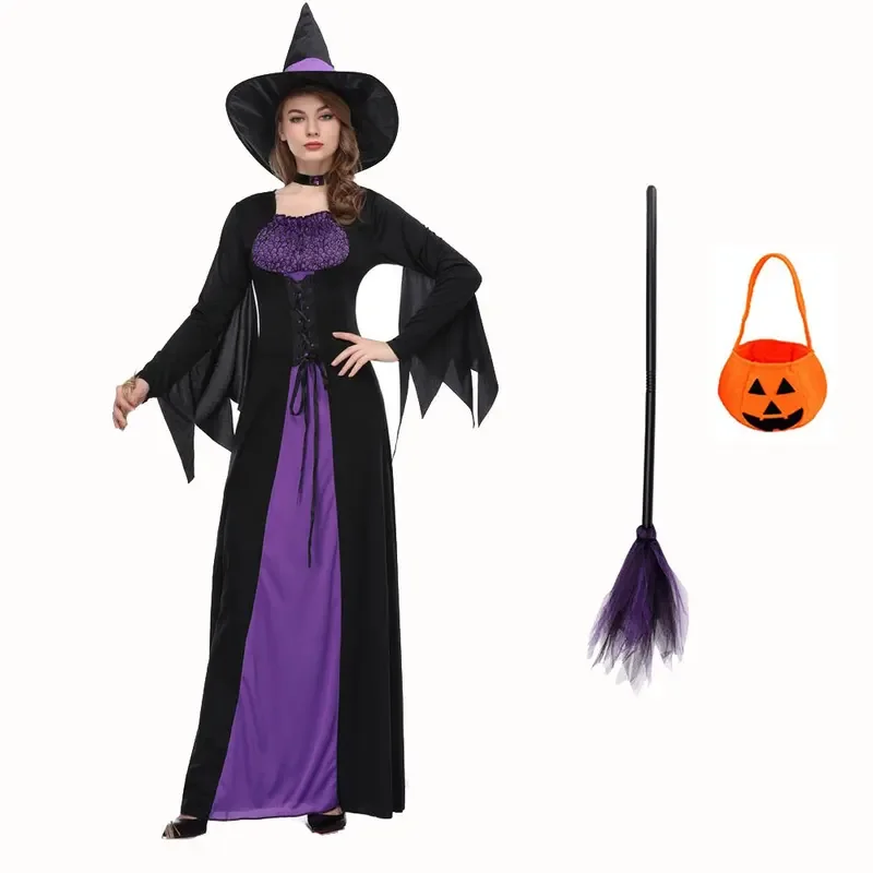 ผู้หญิง Wicked สีม่วงชุดแม่มดปาร์ตี้ฮาโลวีนคอสเพลย์ชุดผู้หญิงผู้ใหญ่น่ากลัวสีม่วง Carnival Performance เสื้อผ้า