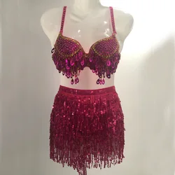 Women 's Sequined Tassel Belly Dancewear Two-Piece Suit Jazz Pole Dance Costume Sexy Bra And Skirts Stage Performance Set
