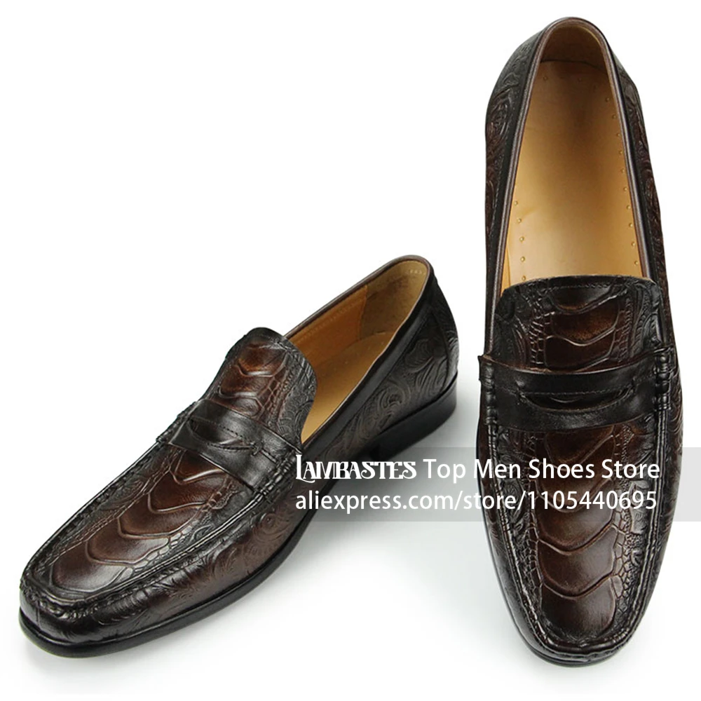 Dark Brown Penny Loafer Dress Shoes Moc Toe Hand Stitched Construction Dress Shoes Almond Toe Low Flat Block Heel Shoes for Men