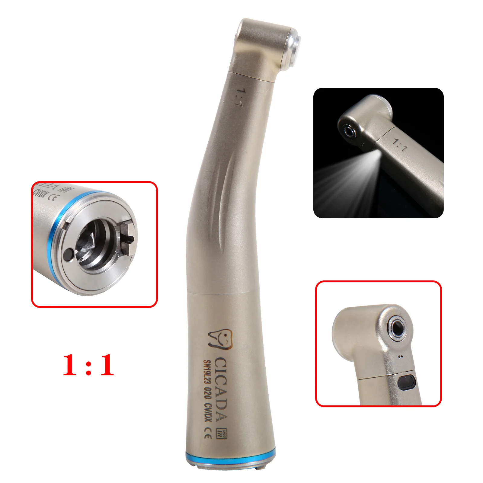 NSK Style Dental LED Optic Fiber 1:1 Inner Water Spray Low Speed Handpiece Contra Angle Push Button Blue CICADA