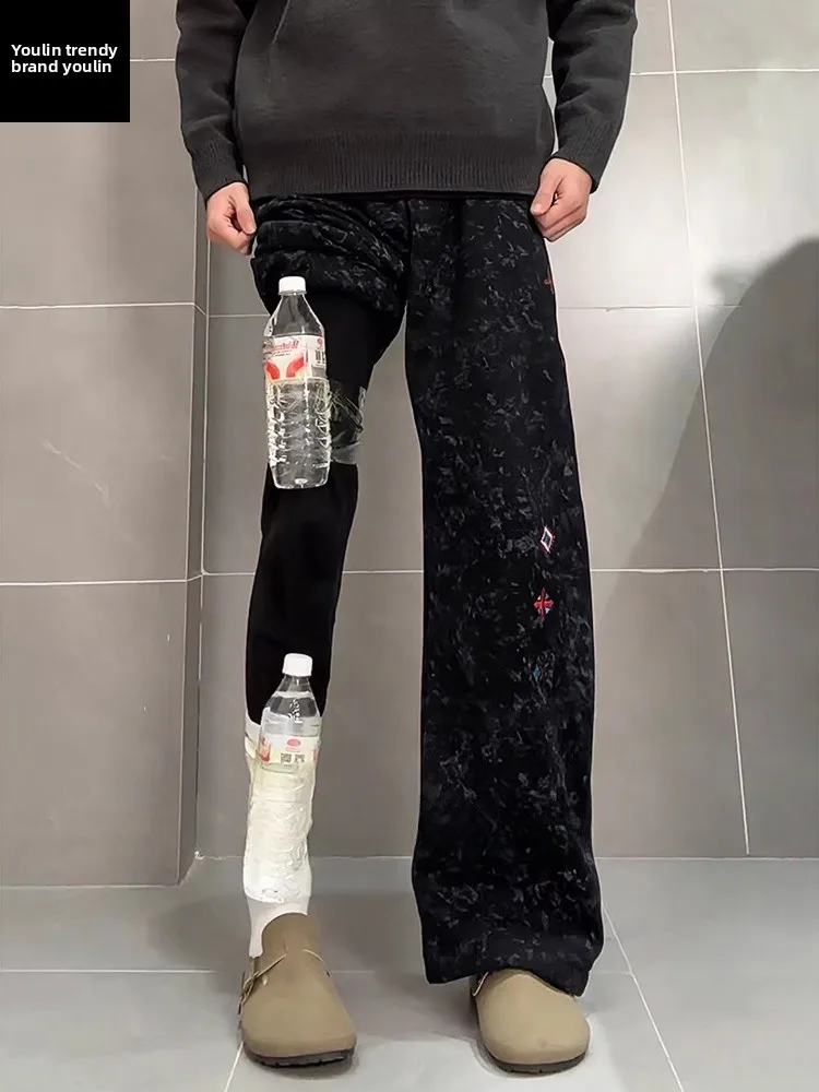 

Мужские зимние флисовые утепленные спортивные брюки Black Tie Dye с вышивкой, повседневные, износостойкие, с асимметричным кроем, премиум-класса