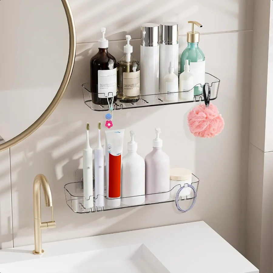 

Acrylic SelfAdhesive Shower Caddies: NoDrill Bathroom Wall Shelf with Hidden Hooks and Drainage Holes Clear Waterproof Organize