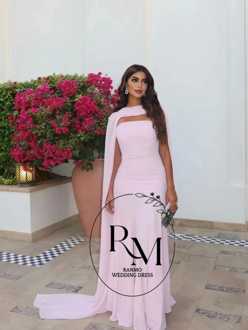

Ranmo Modern Arabic Evening Dress Strapless Customized Chiffon Pleats Pink Floor Length Mermaid شارون سع Prom Wedding Party Gown