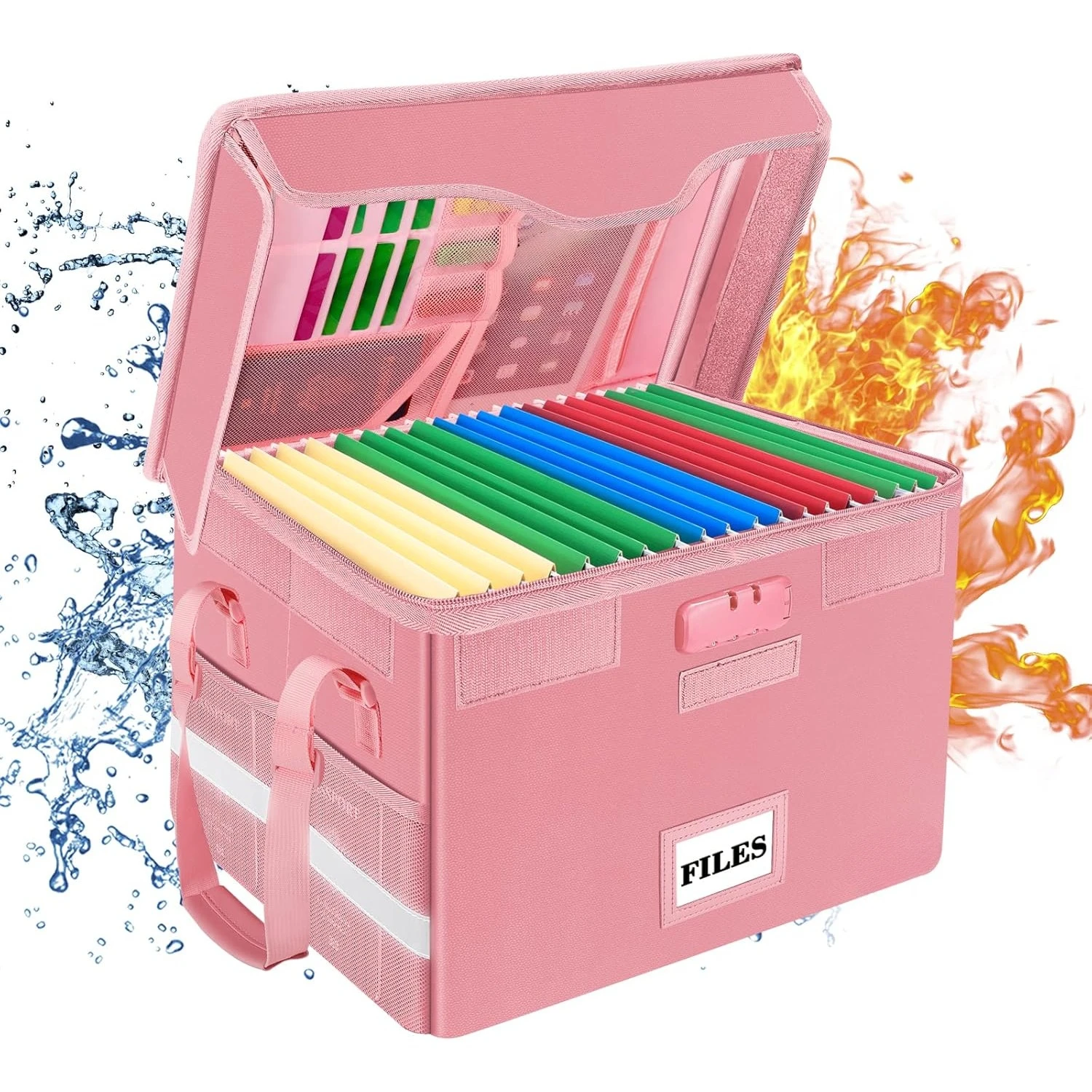 

Fireproof Document Box with Lock,File Storage Organizer with Zipper Pockets,Collapsible Portable File Box Home Office Safe
