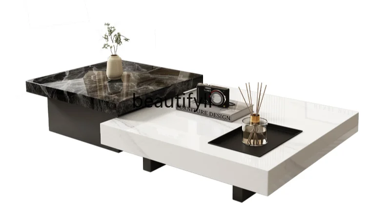 

Modern simple Italian minimalist light luxury size combination small apartment retractable square rock slab coffee table