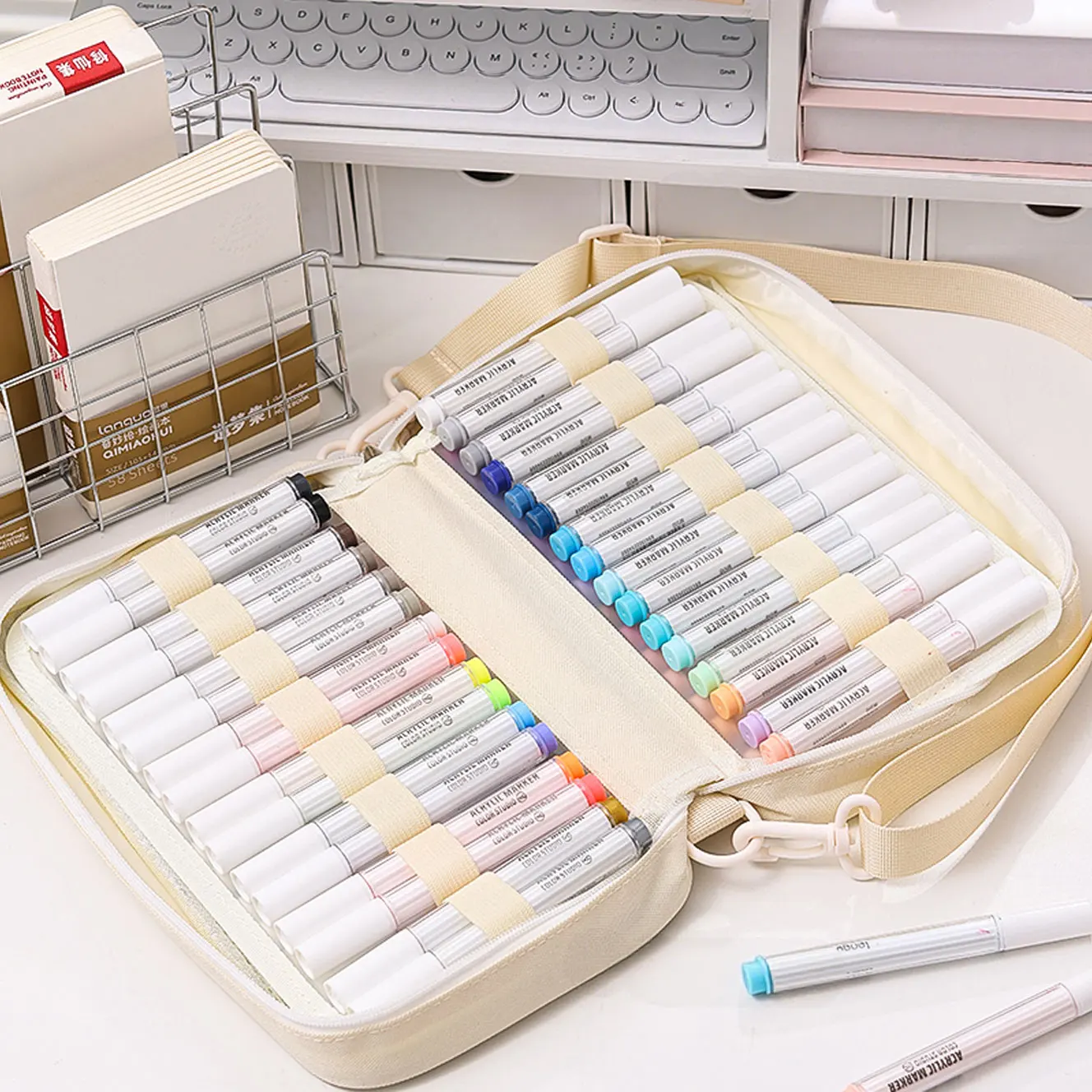 Large-capacity Marker Storage Bag 64 Pieces Layered Handheld Diagonal Shoulder Transparent Bag Watercolor Pen Finishing Box