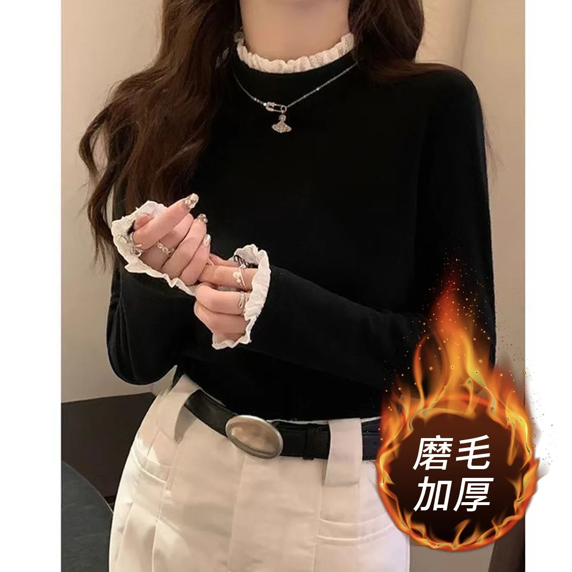 Lace lace semi high neck base shirt for women in autumn and winter German velvet brushed versatile design knitted top for wome