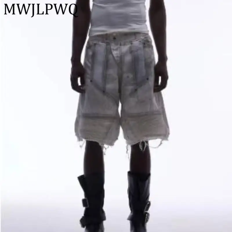 MWJLPWQ Dual Button Baggy Bermuda Shorts Mesh Rib Hem Raw Fringe Rivet Decor Oversized Cut Unisex Industrial Street Shorts 17143