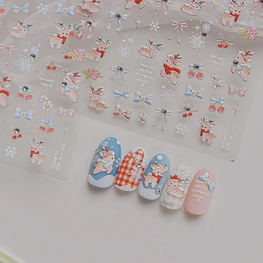 

5D Winter Christmas Tree Nail Stickers White Snowflake Bow Deer Strawberry Flower Santa Claus Design Nail Art Decoration Sticker