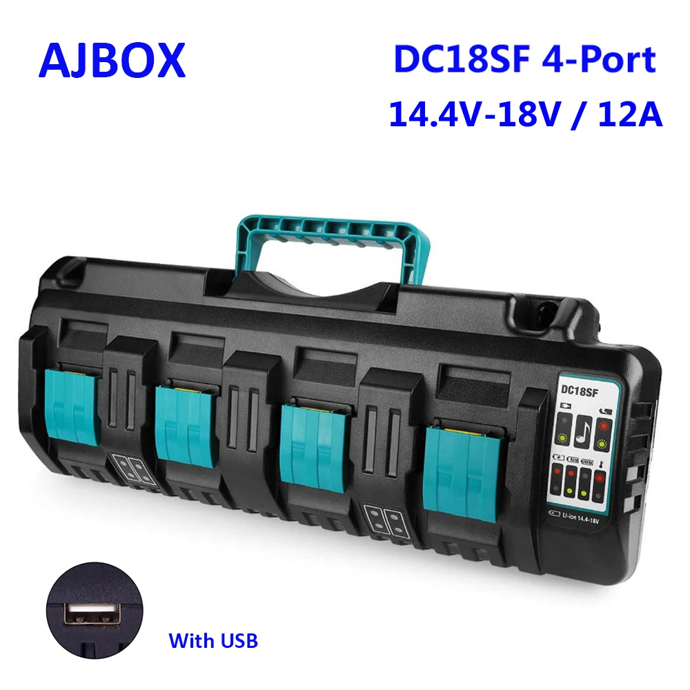 

Зарядное устройство AJBOX DC18SF для Makita Dewalt Milwaukee Li-Ion 4-Port 14,4 в 18 в 12ABL1820 BL1830 BL1850 BL1430 электроинструменты