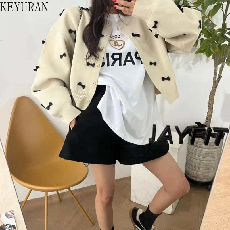 Korean 3d Bow Knitted Cardigan Women's 2024 Autumn Winter New Round Neck Long Sleeve Single Breasted Sweater Outerwear Crop Tops