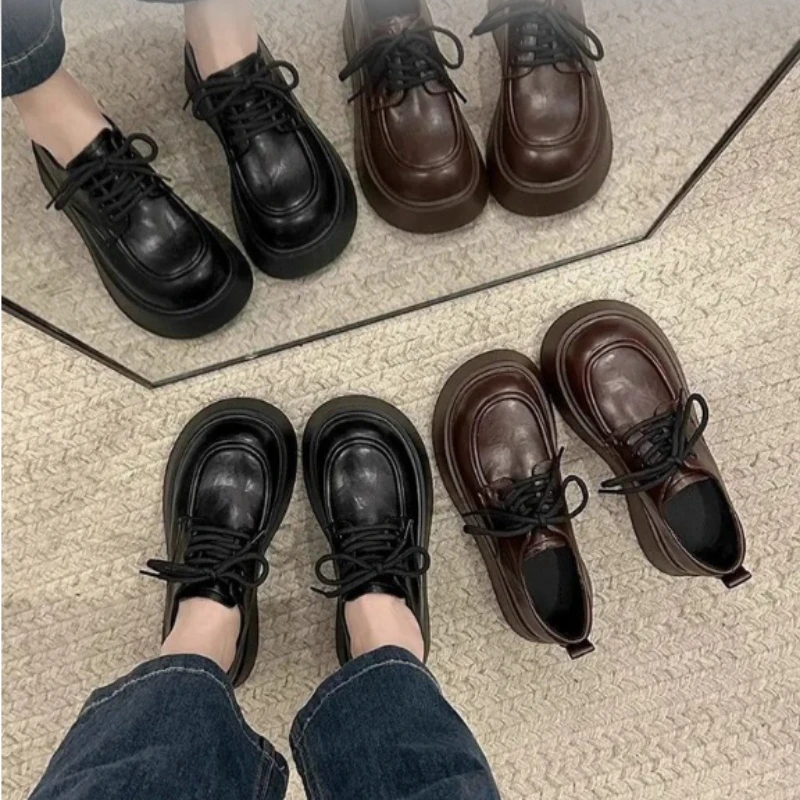 Chunky Pumps Platform Oxfords Shoes for Women 2026 Spring  Lace Up Flats Woman Thick Bottom Patent Leather Gothic Loafers Shoes